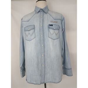 VTG 80s Wrangler Chambray Western Cowboy W/Pearl Snap Blue Acid Wash Mens XL